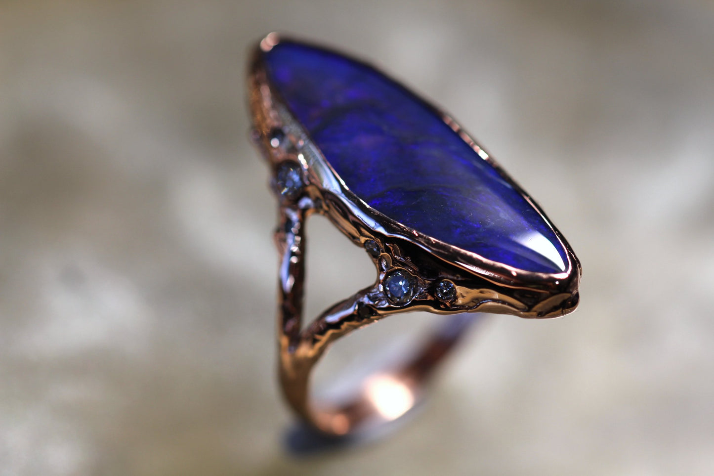 Lightning Ridge Opal, Diamond and Solid 9ct Rose Gold Ring