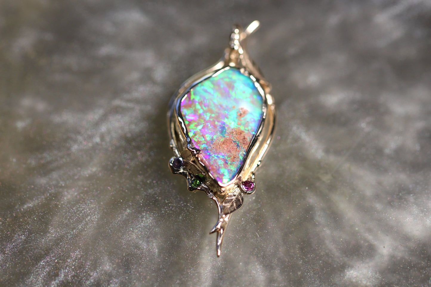Pipe Opal, Tanzanite, Diopside, Rhodonite and Solid 9ct Yellow Gold Pendant