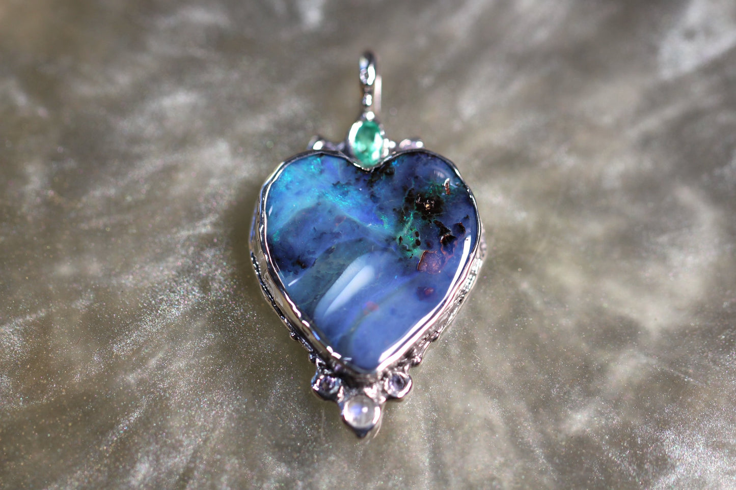 Boulder Opal, Moonstone, Emerald, Tanzanite, and Sterling Silver Pendant