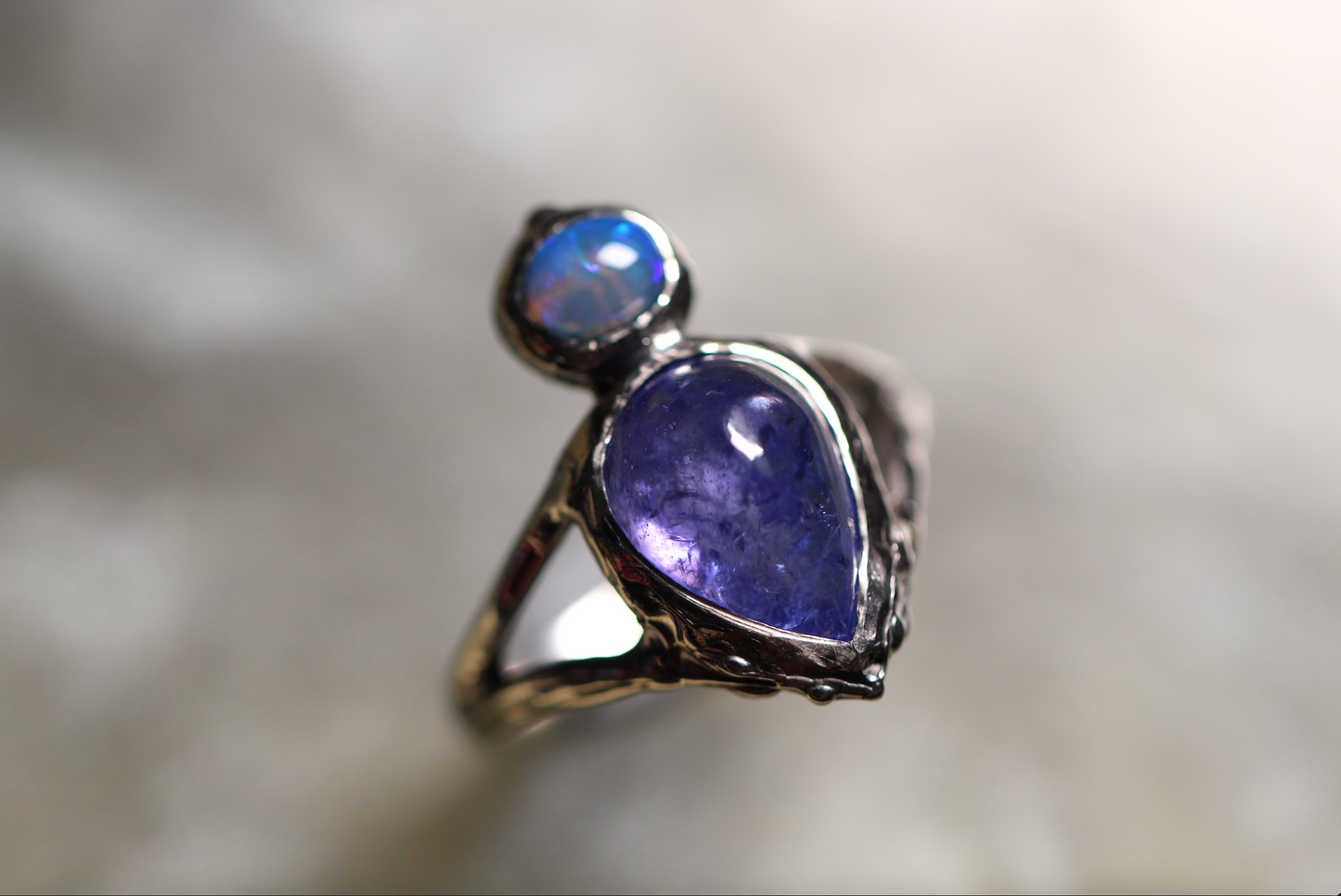 Boulder Opal, Tanzanite and Sterling Silver Ring