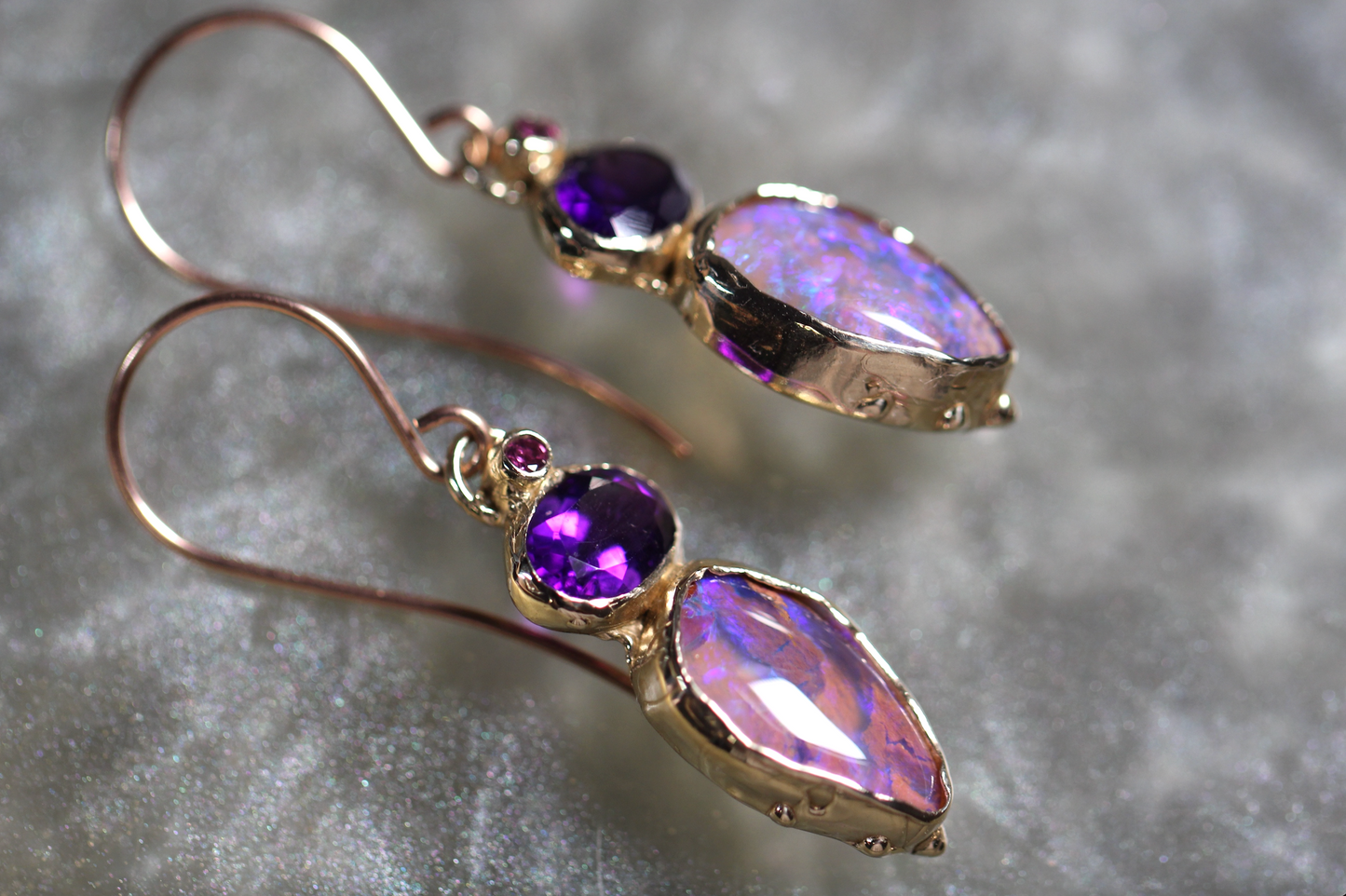 Reserved Pipe Opal, Amethyst and Rhodonite Garnet and 9ct Yellow Gold Earrings