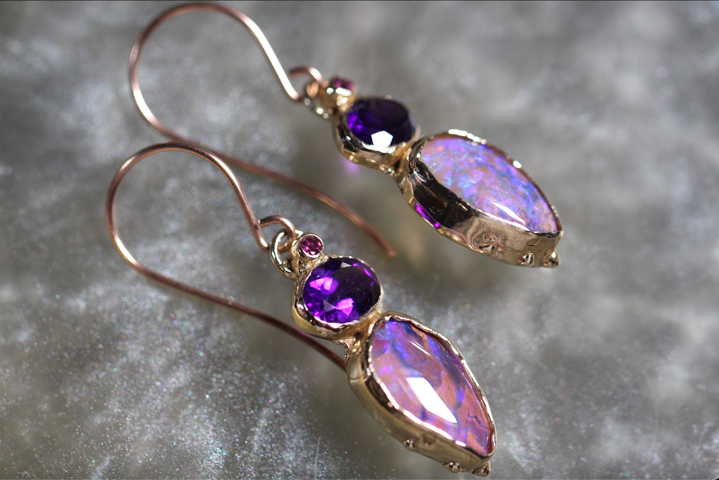 Reserved Pipe Opal, Amethyst and Rhodonite Garnet and 9ct Yellow Gold Earrings