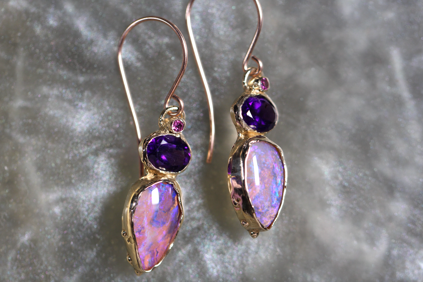 Reserved Pipe Opal, Amethyst and Rhodonite Garnet and 9ct Yellow Gold Earrings