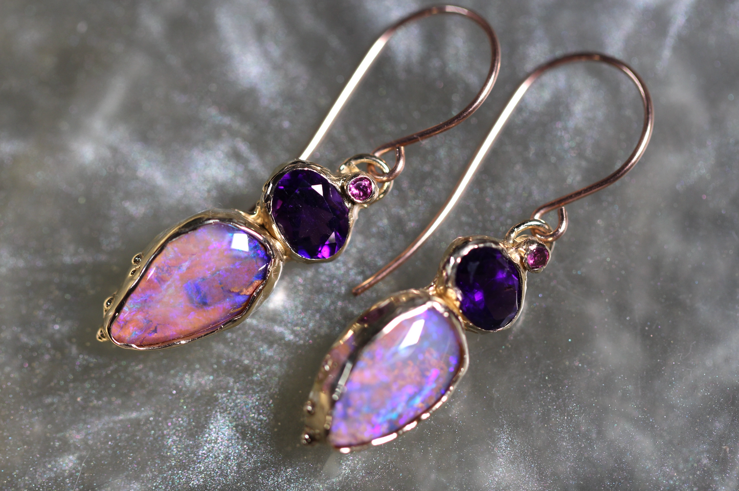 Reserved Pipe Opal, Amethyst and Rhodonite Garnet and 9ct Yellow Gold Earrings