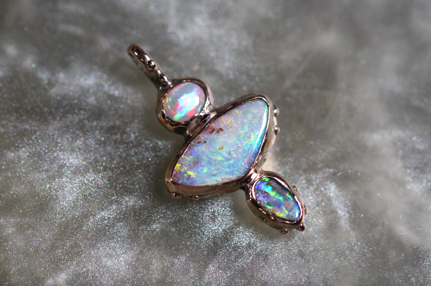 Boulder, Lightning Ridge and Pipe Opal and Solid 9ct Rose Gold Pendant
