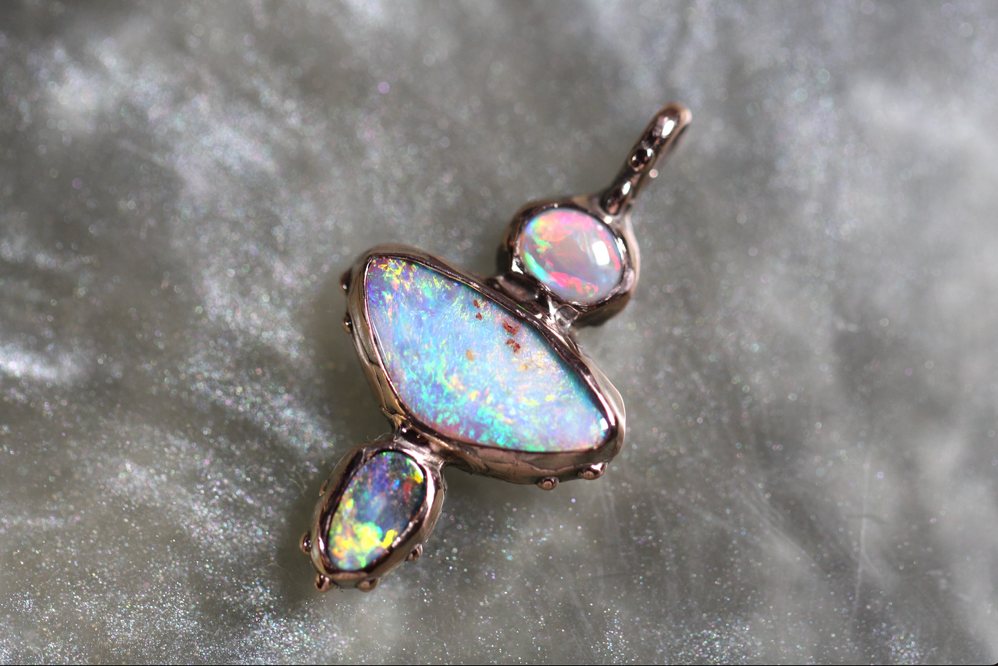 Boulder, Lightning Ridge and Pipe Opal and Solid 9ct Rose Gold Pendant