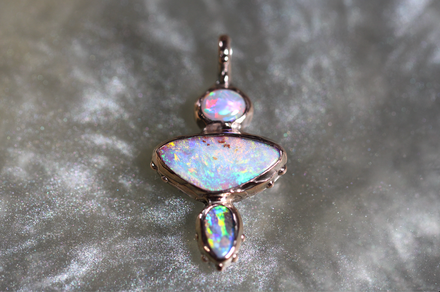 Boulder, Lightning Ridge and Pipe Opal and Solid 9ct Rose Gold Pendant