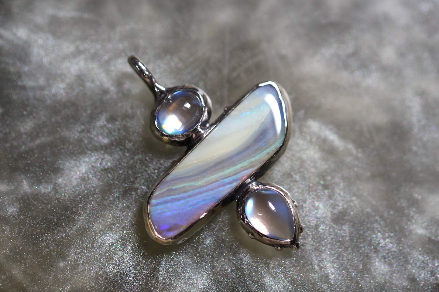 Boulder Opal, Moonstone and Sterling Silver Pendant