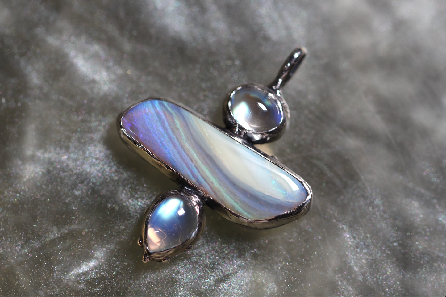 Boulder Opal, Moonstone and Sterling Silver Pendant