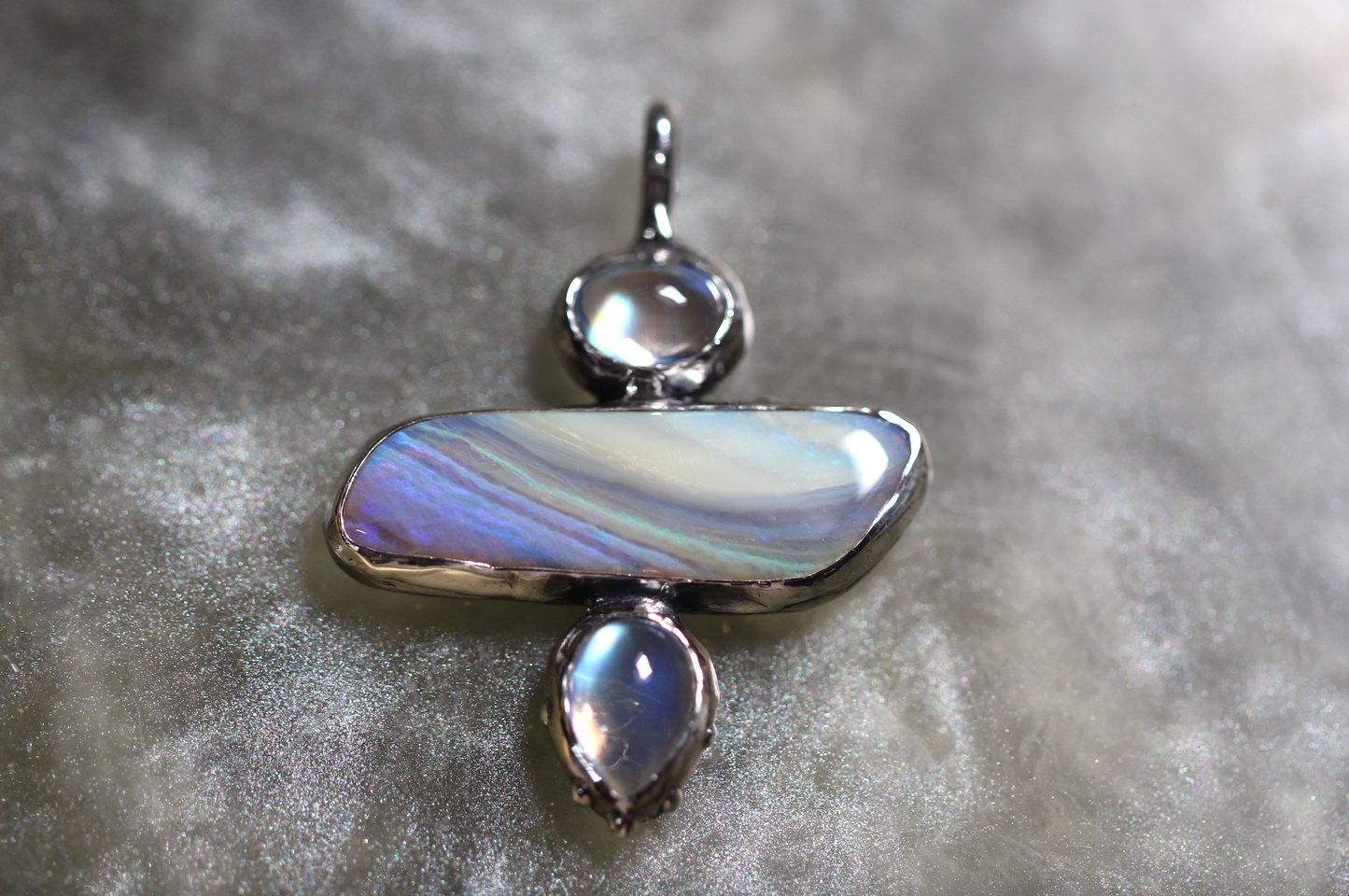 Boulder Opal, Moonstone and Sterling Silver Pendant