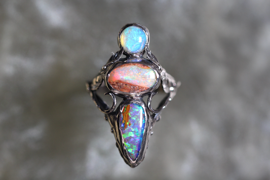 Pipe Opal, Lightning Ridge Opal and Sterling Silver Ring