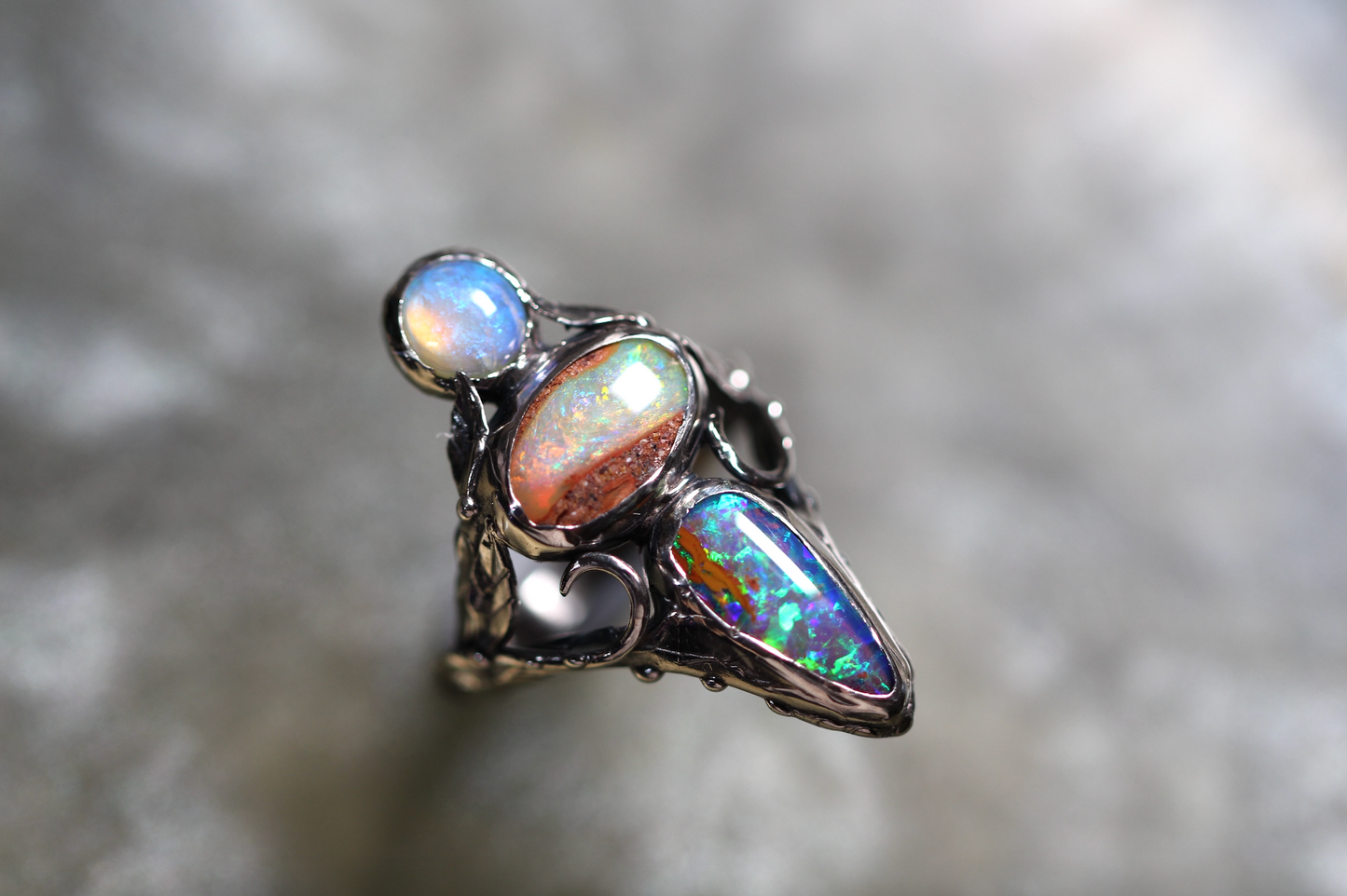Pipe Opal, Lightning Ridge Opal and Sterling Silver Ring