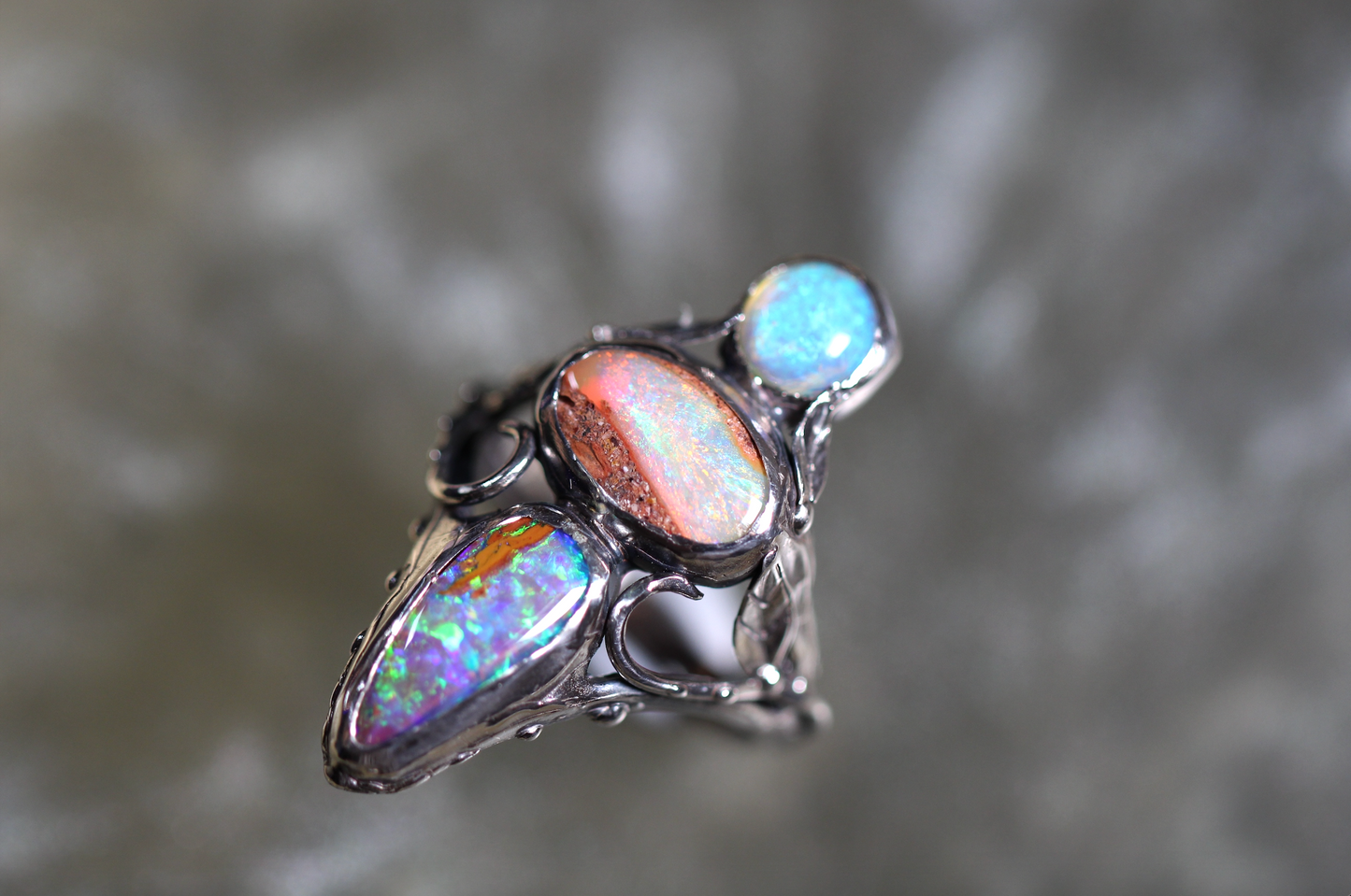 Pipe Opal, Lightning Ridge Opal and Sterling Silver Ring