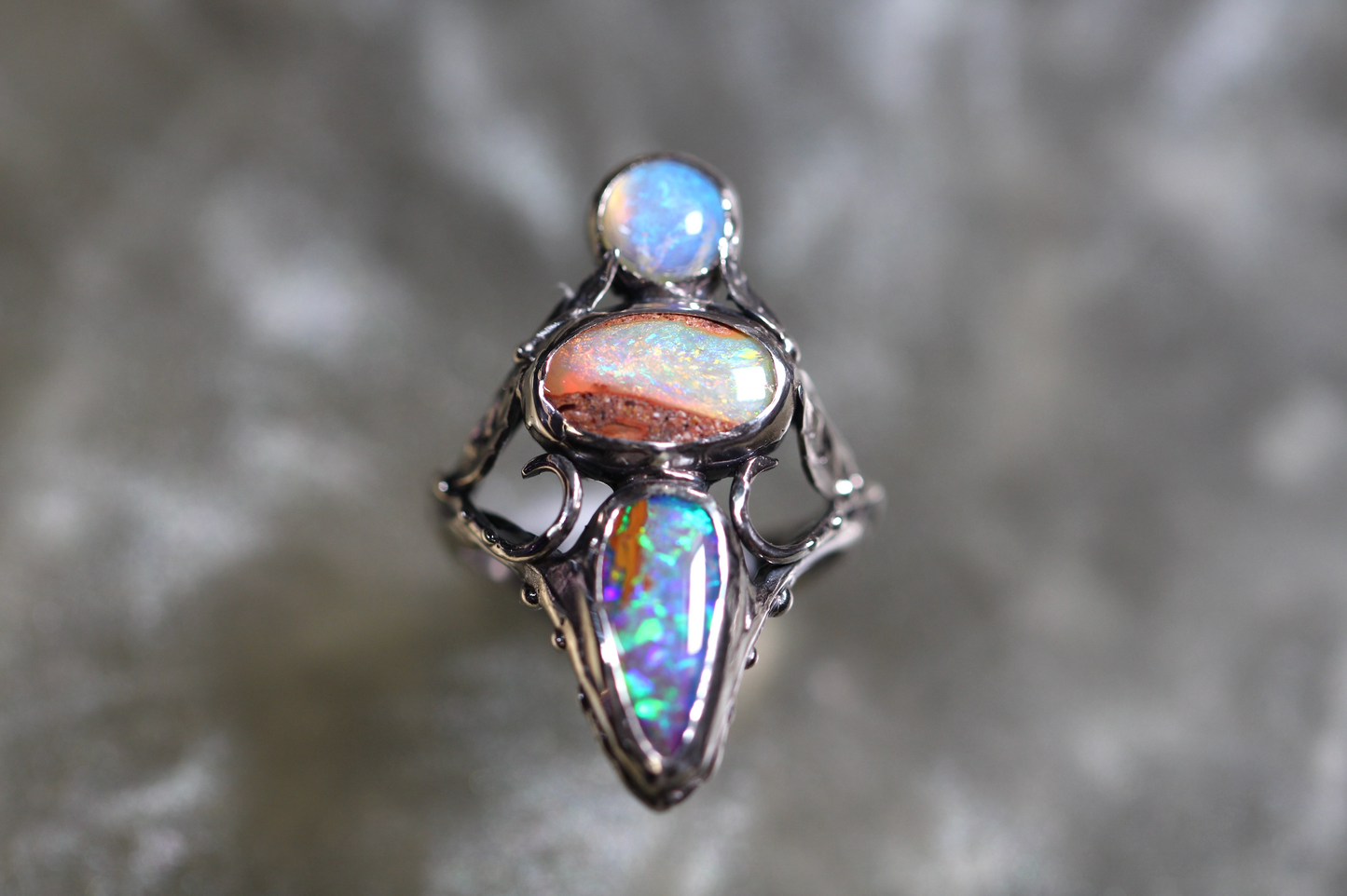 Pipe Opal, Lightning Ridge Opal and Sterling Silver Ring
