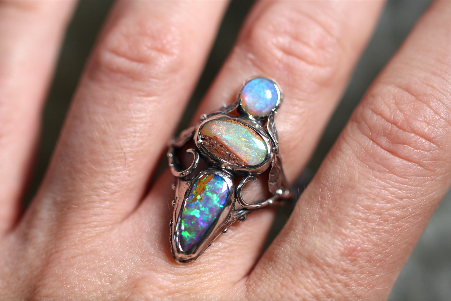 Pipe Opal, Lightning Ridge Opal and Sterling Silver Ring