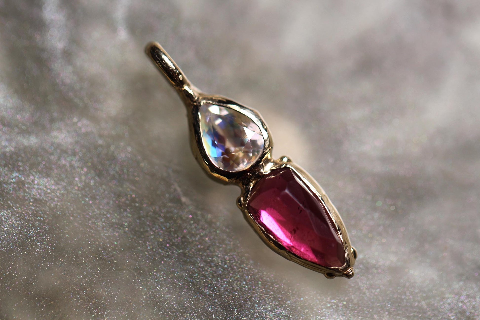 Rhodonite Garnet, moonstone and Solid 9ct Yellow Gold Pendant