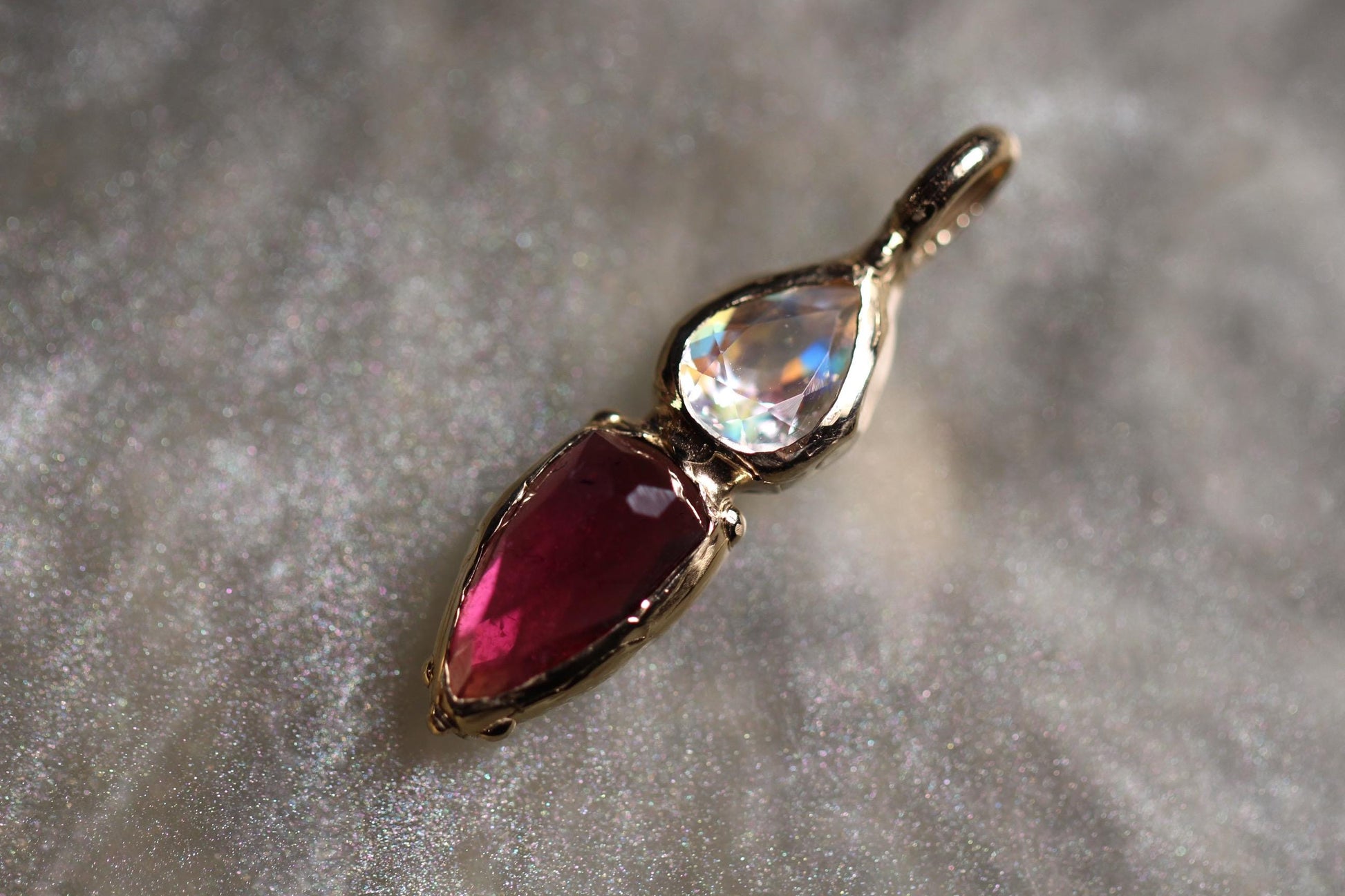 Rhodonite Garnet, moonstone and Solid 9ct Yellow Gold Pendant