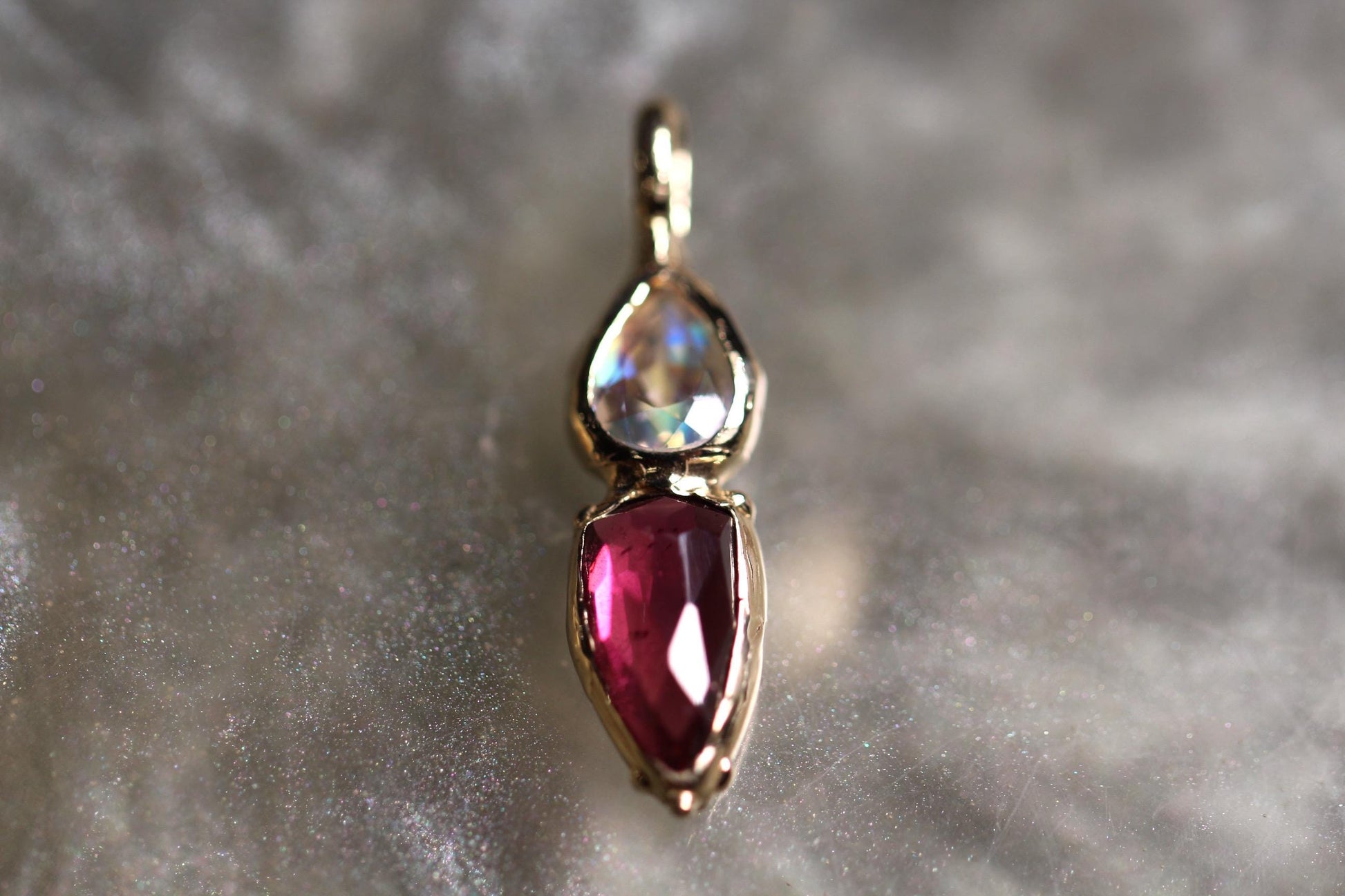 Rhodonite Garnet, moonstone and Solid 9ct Yellow Gold Pendant