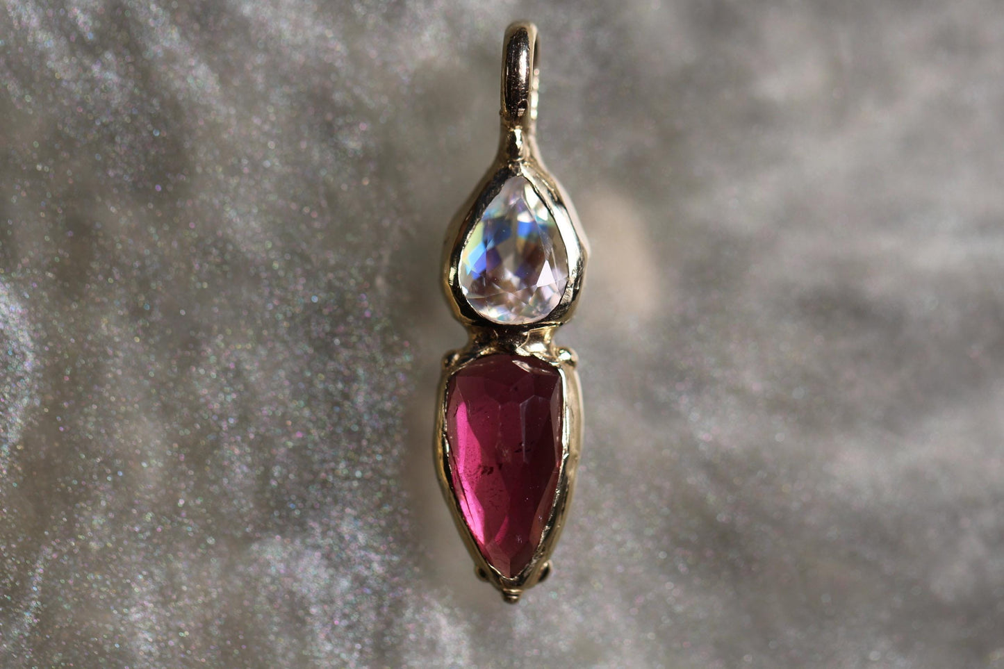 Rhodonite Garnet, moonstone and Solid 9ct Yellow Gold Pendant