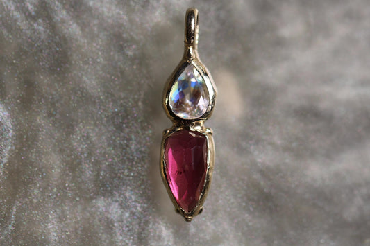 Rhodonite Garnet, moonstone and Solid 9ct Yellow Gold Pendant