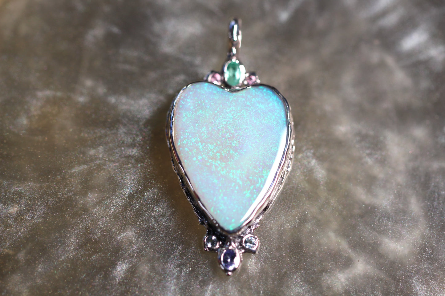 Coober Pedy Opal, Topaz, Emerald, Tanzanite, Pink Sapphire and Sterling Silver Pendant