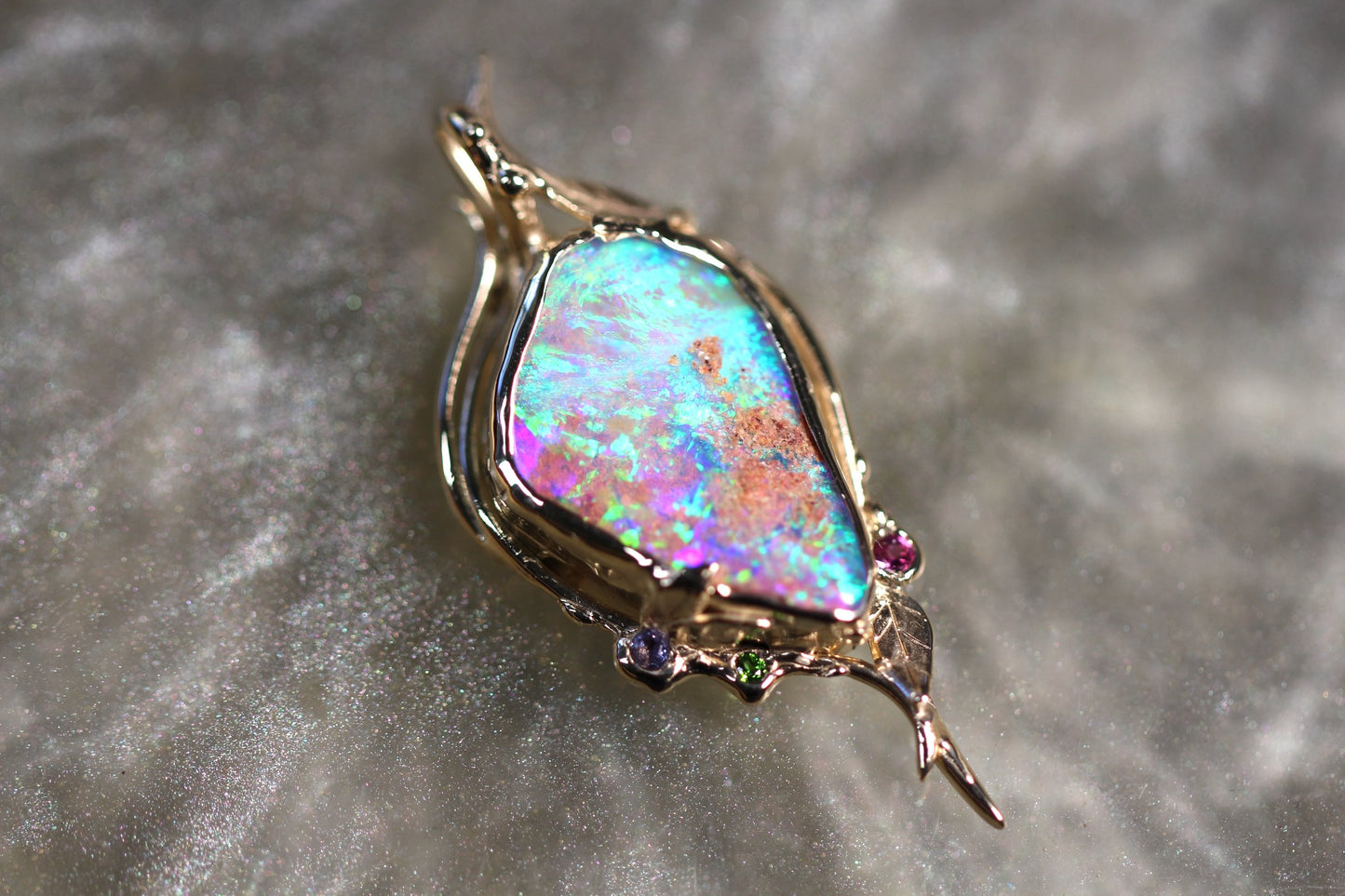 Pipe Opal, Tanzanite, Diopside, Rhodonite and Solid 9ct Yellow Gold Pendant