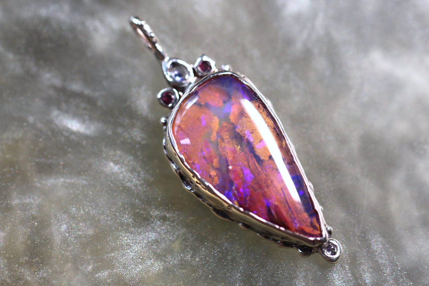 Pipe Opal, Tanzanite, Rhodonite Garnet and Sterling Silver Pendant