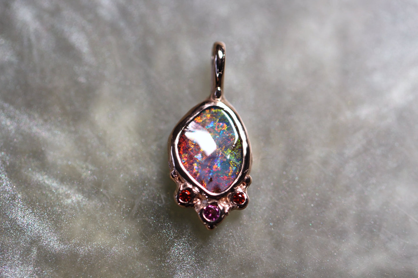 Boulder Opal, Spessartine and Rhodonite garnet and Solid 9ct Rose Gold Pendant