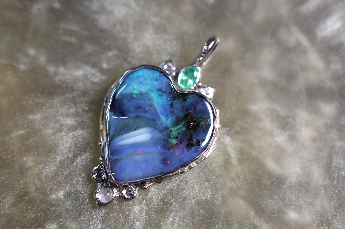 Boulder Opal, Moonstone, Emerald, Tanzanite, and Sterling Silver Pendant