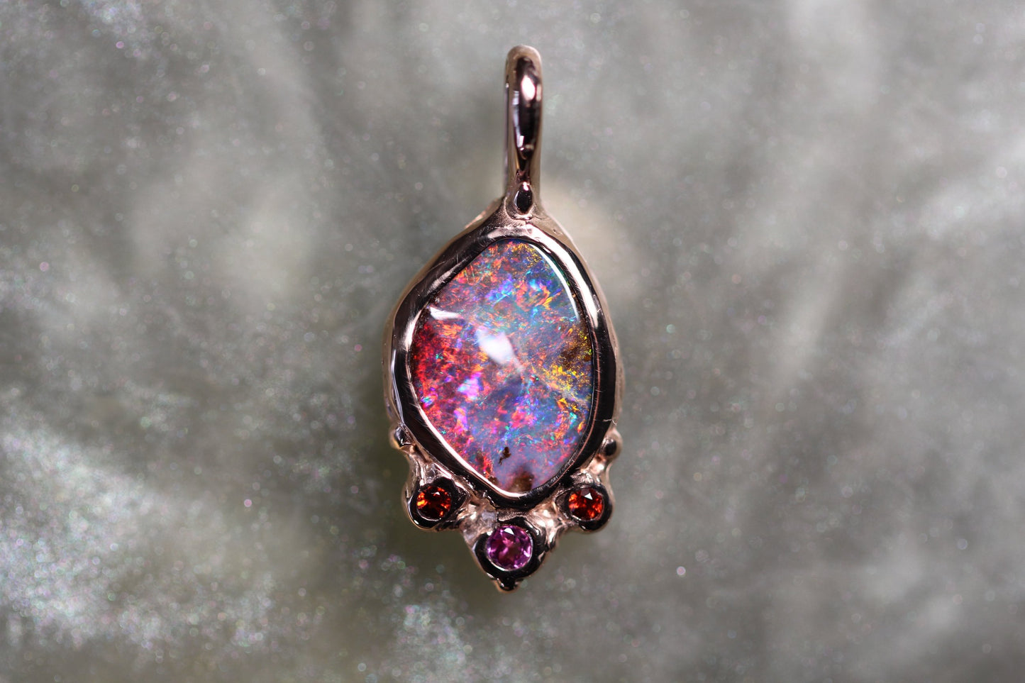 Boulder Opal, Spessartine and Rhodonite garnet and Solid 9ct Rose Gold Pendant