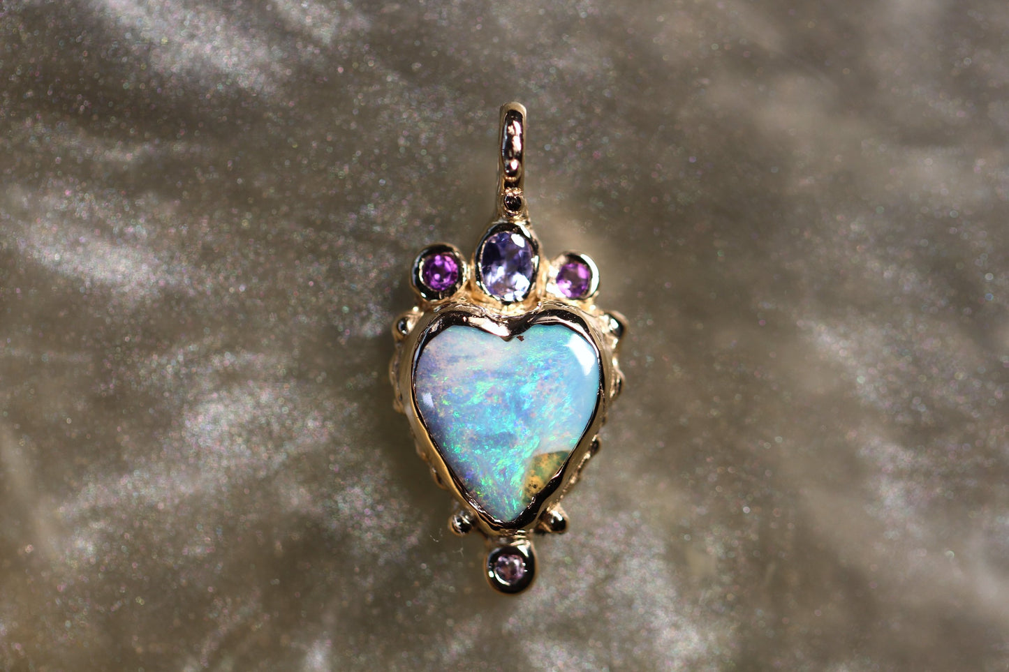 Boulder Opal, Tanzanite, Amethyst and Solid 9ct Yellow Gold Pendant