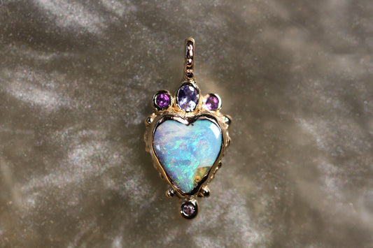 Boulder Opal, Tanzanite, Amethyst and Solid 9ct Yellow Gold Pendant