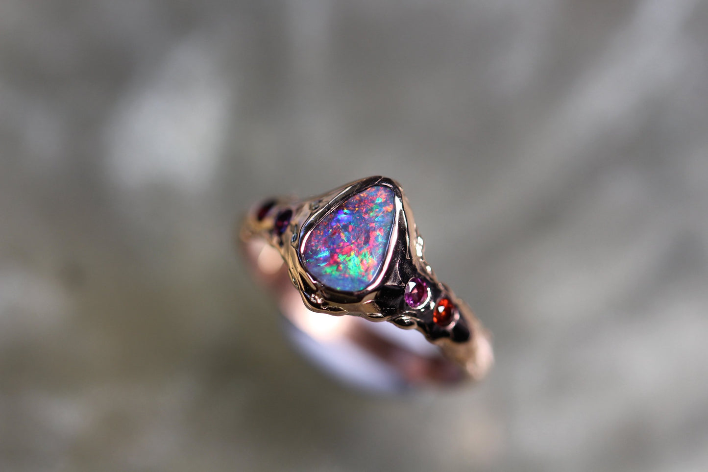Boulder Opal, Spessartine, Rhodonite and Solid 9ct Rose Gold Ring