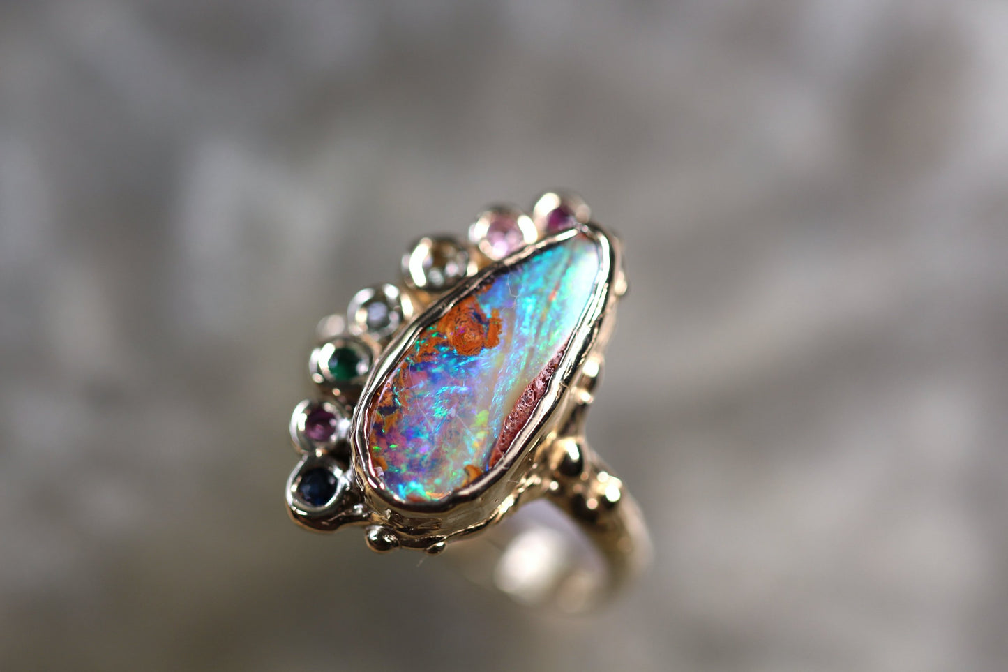 Pipe Opal, Sapphire, Amethyst, Rhodonite, Diopside and Solid 9ct Yellow Gold Ring