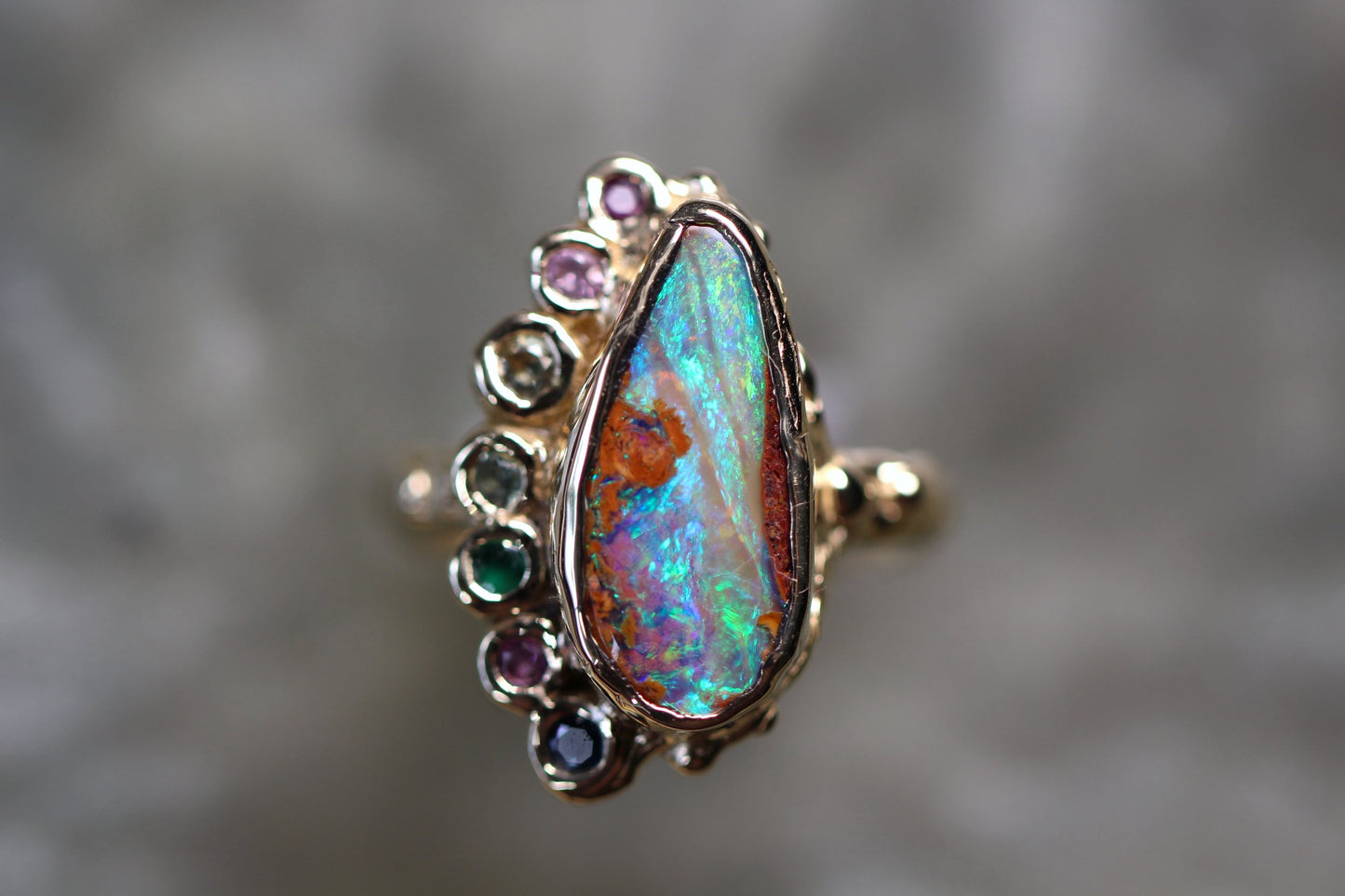 Pipe Opal, Sapphire, Amethyst, Rhodonite, Diopside and Solid 9ct Yellow Gold Ring