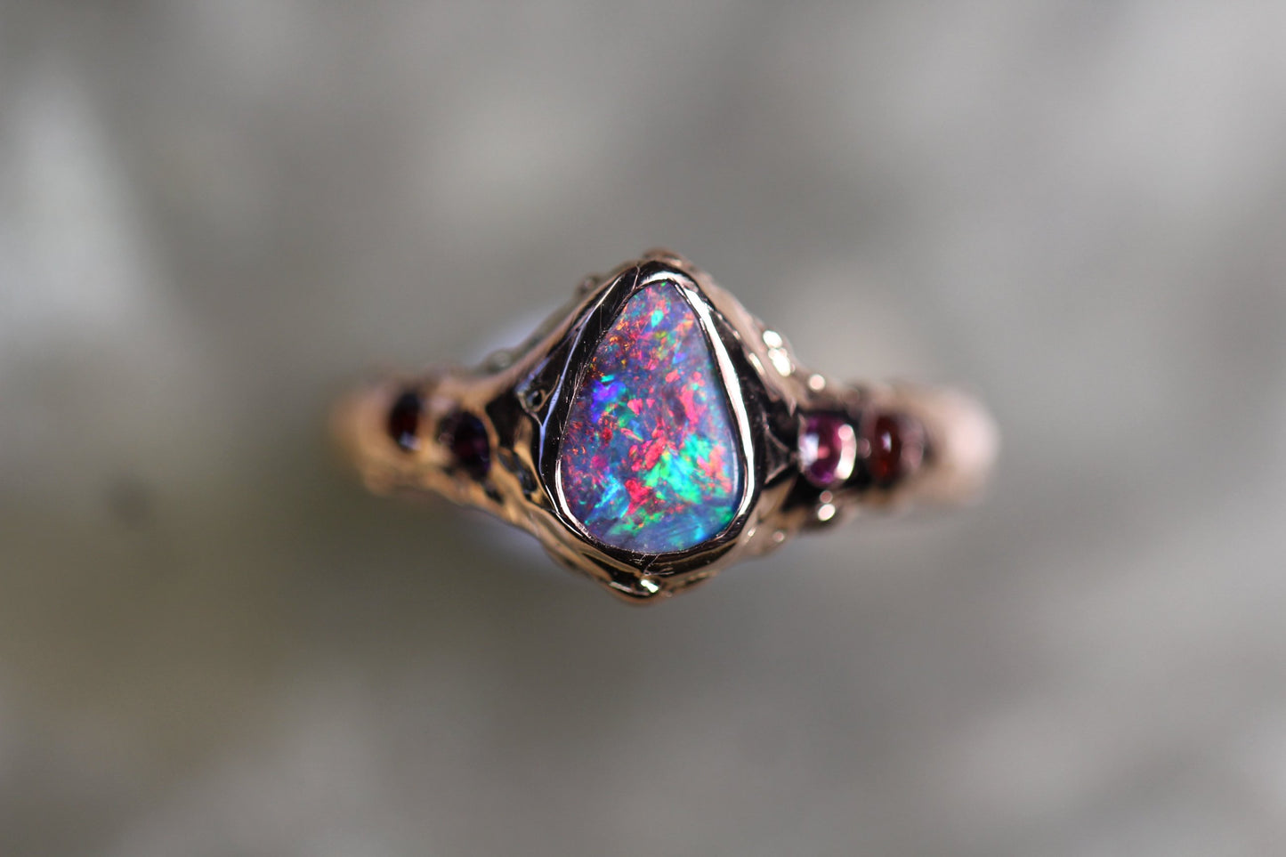 Boulder Opal, Spessartine, Rhodonite and Solid 9ct Rose Gold Ring