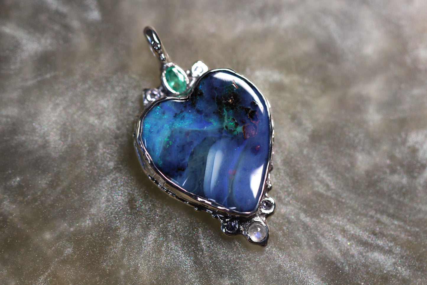 Boulder Opal, Moonstone, Emerald, Tanzanite, and Sterling Silver Pendant
