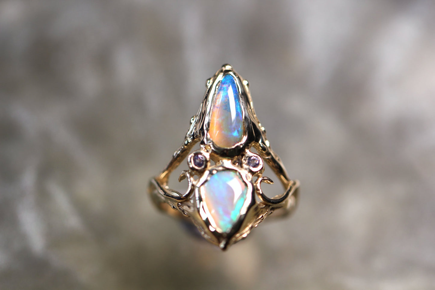 Pipe Opal, Tanzanite and Solid 9ct Yellow Gold Ring