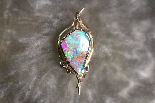 Pipe Opal, Tanzanite, Diopside, Rhodonite and Solid 9ct Yellow Gold Pendant