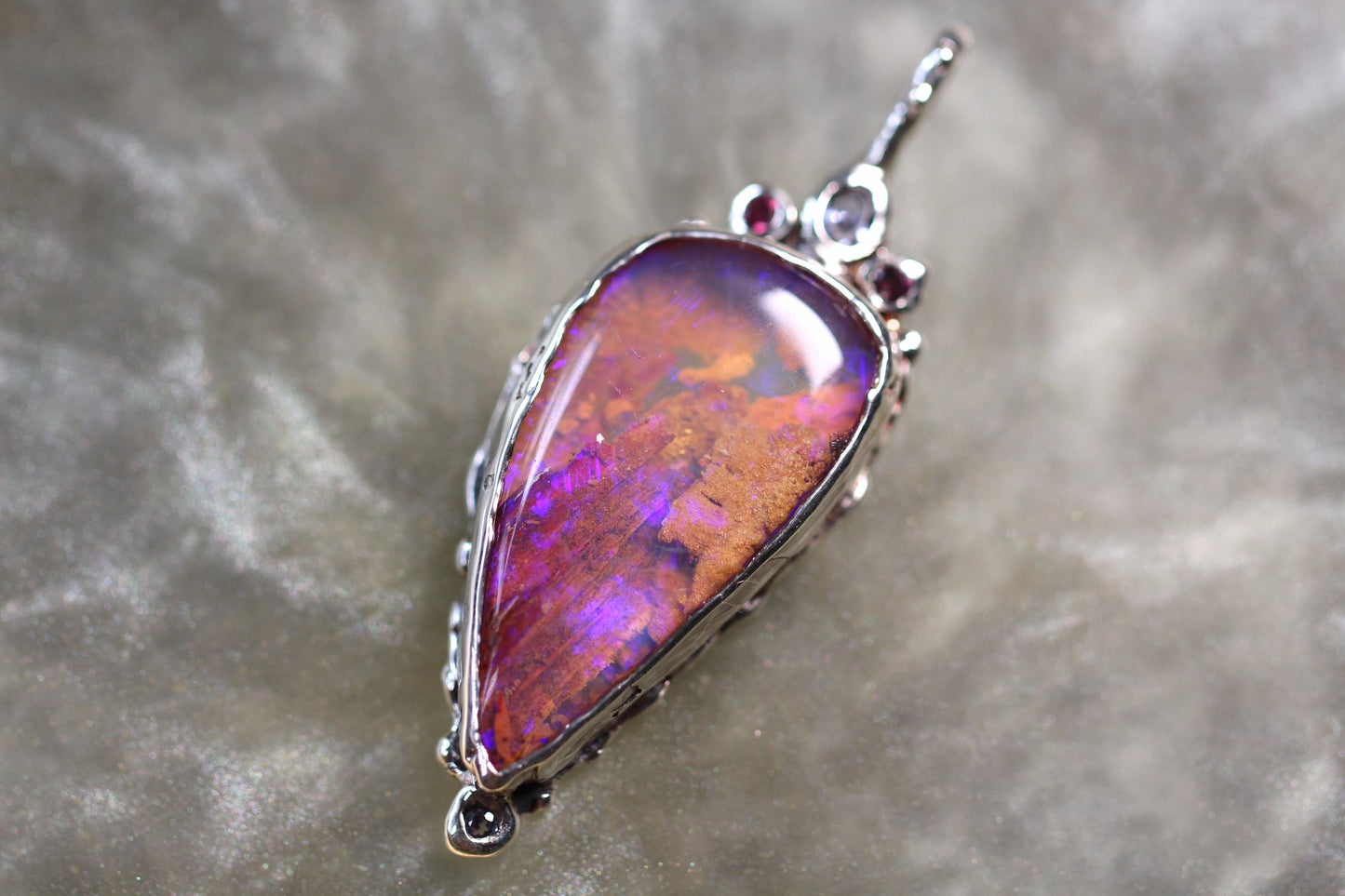 Pipe Opal, Tanzanite, Rhodonite Garnet and Sterling Silver Pendant