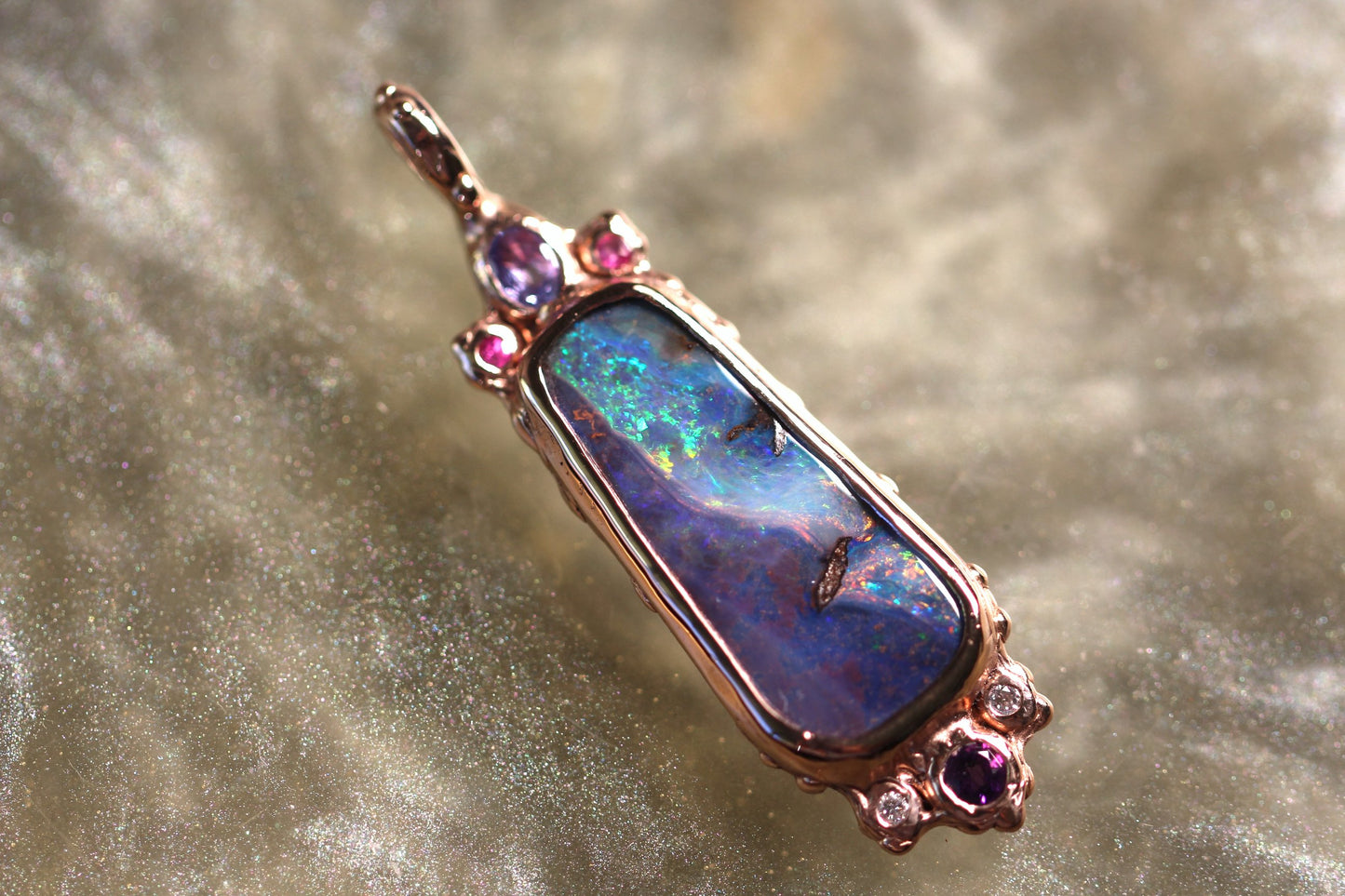 Boulder Opal, Tanzanite, Diamond, Amethyst, Ruby and Solid 9ct Rose Gold Pendant