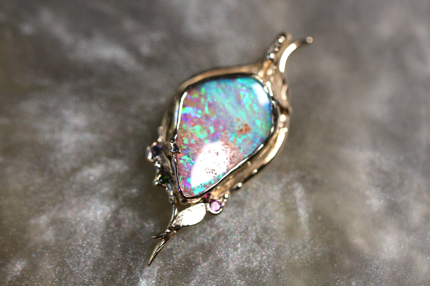 Pipe Opal, Tanzanite, Diopside, Rhodonite and Solid 9ct Yellow Gold Pendant