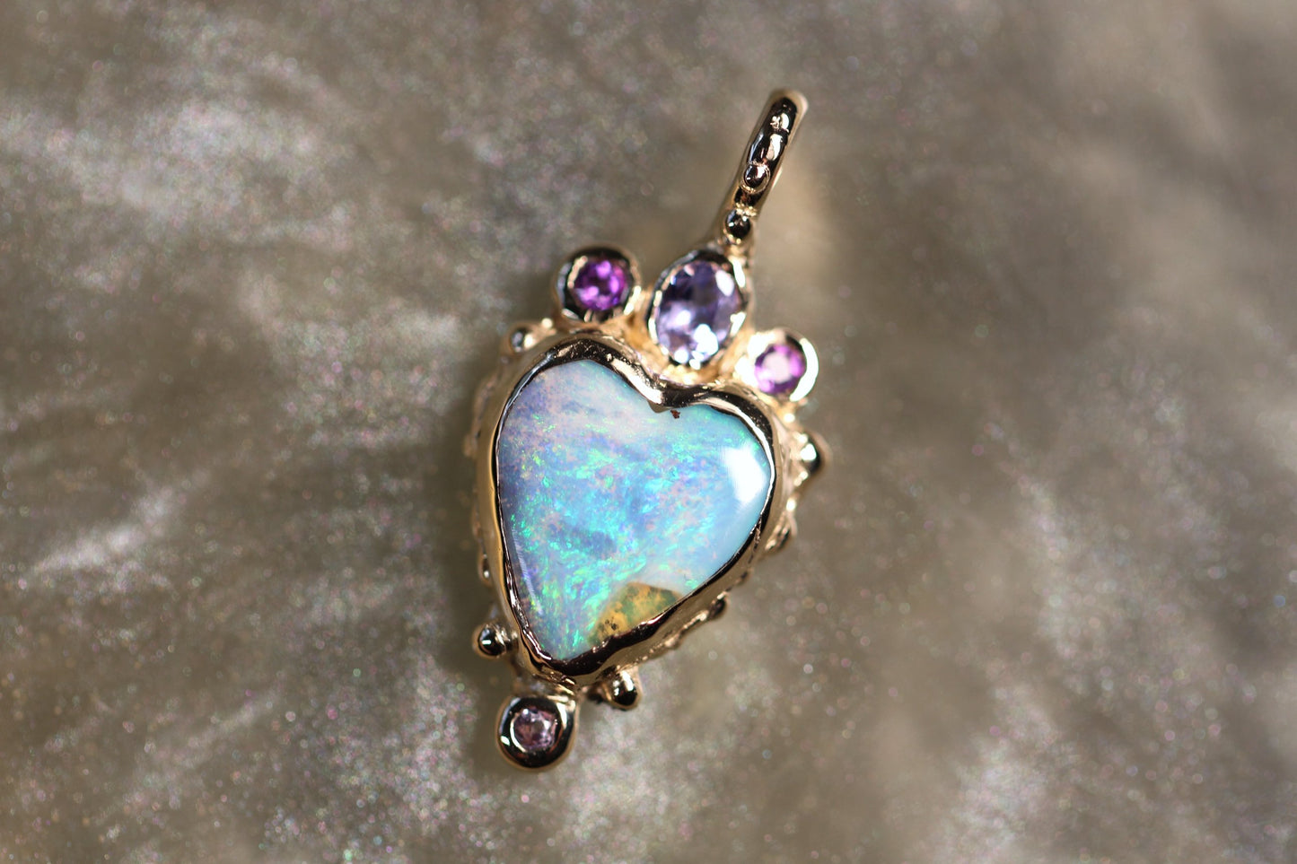 Boulder Opal, Tanzanite, Amethyst and Solid 9ct Yellow Gold Pendant