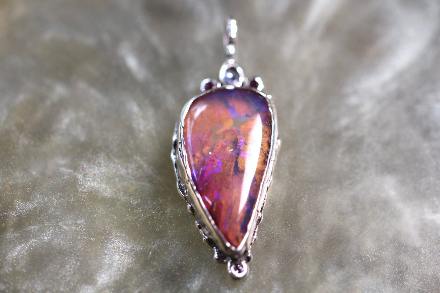 Pipe Opal, Tanzanite, Rhodonite Garnet and Sterling Silver Pendant