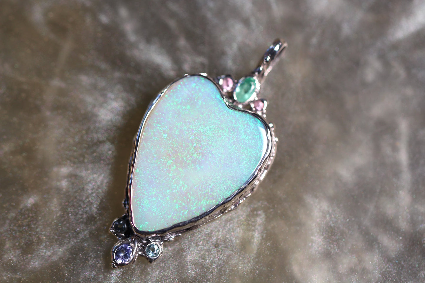 Coober Pedy Opal, Topaz, Emerald, Tanzanite, Pink Sapphire and Sterling Silver Pendant