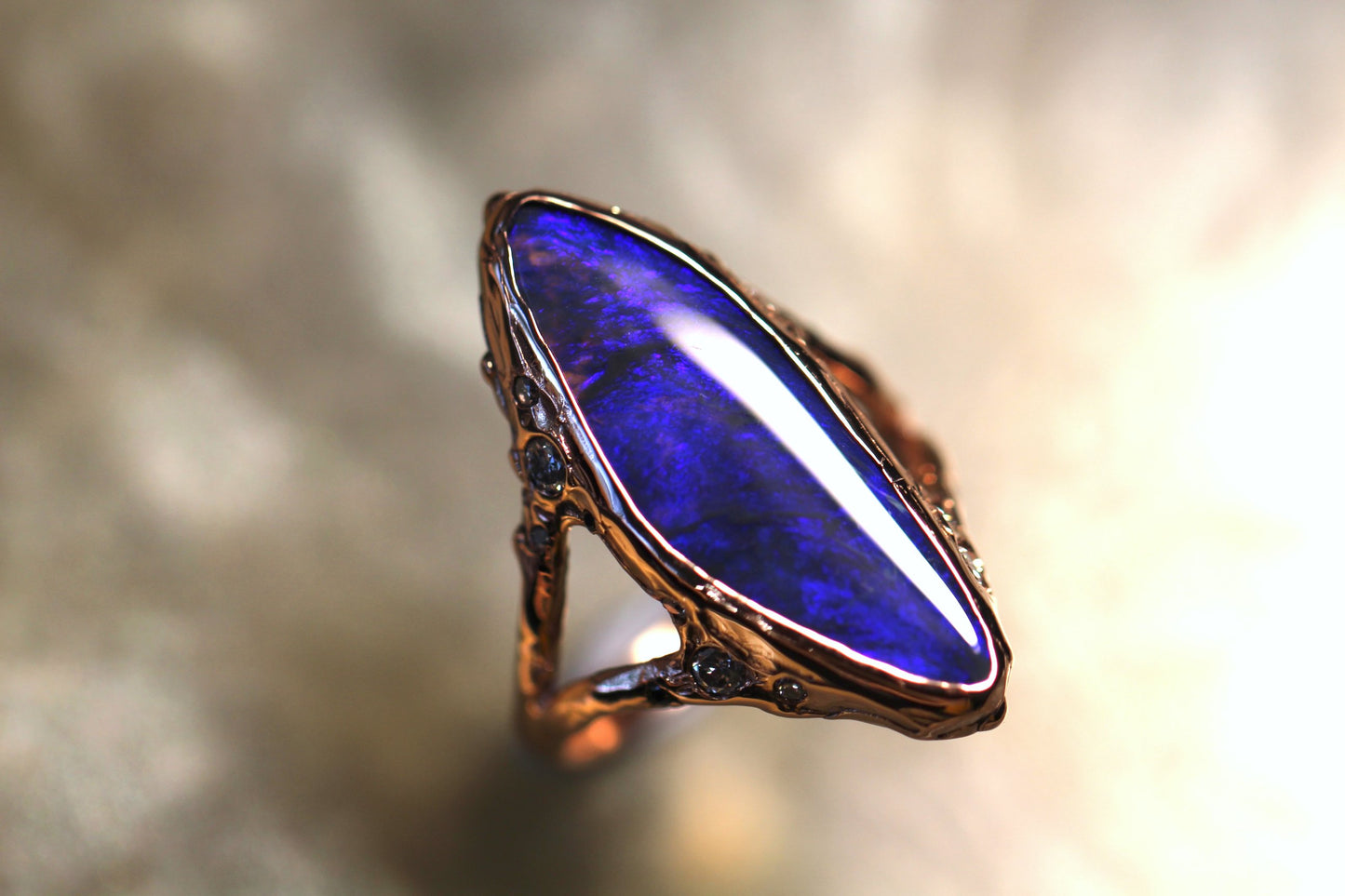Lightning Ridge Opal, Diamond and Solid 9ct Rose Gold Ring