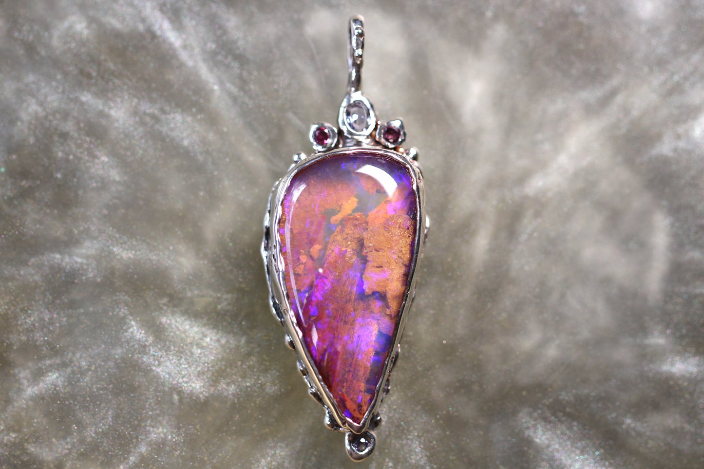 Pipe Opal, Tanzanite, Rhodonite Garnet and Sterling Silver Pendant