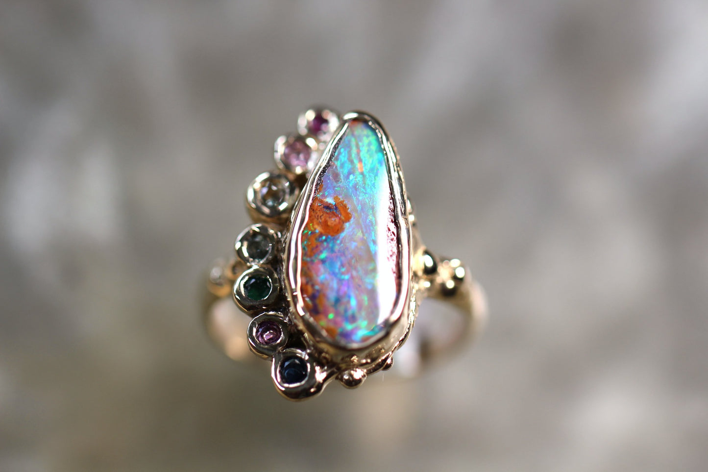 Pipe Opal, Sapphire, Amethyst, Rhodonite, Diopside and Solid 9ct Yellow Gold Ring