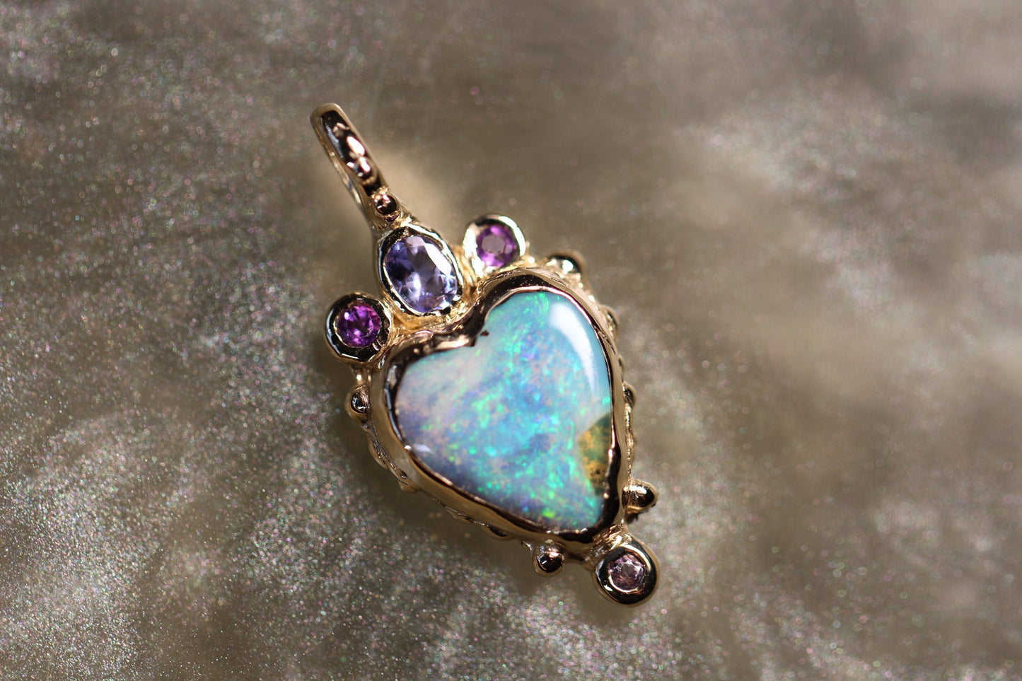 Boulder Opal, Tanzanite, Amethyst and Solid 9ct Yellow Gold Pendant