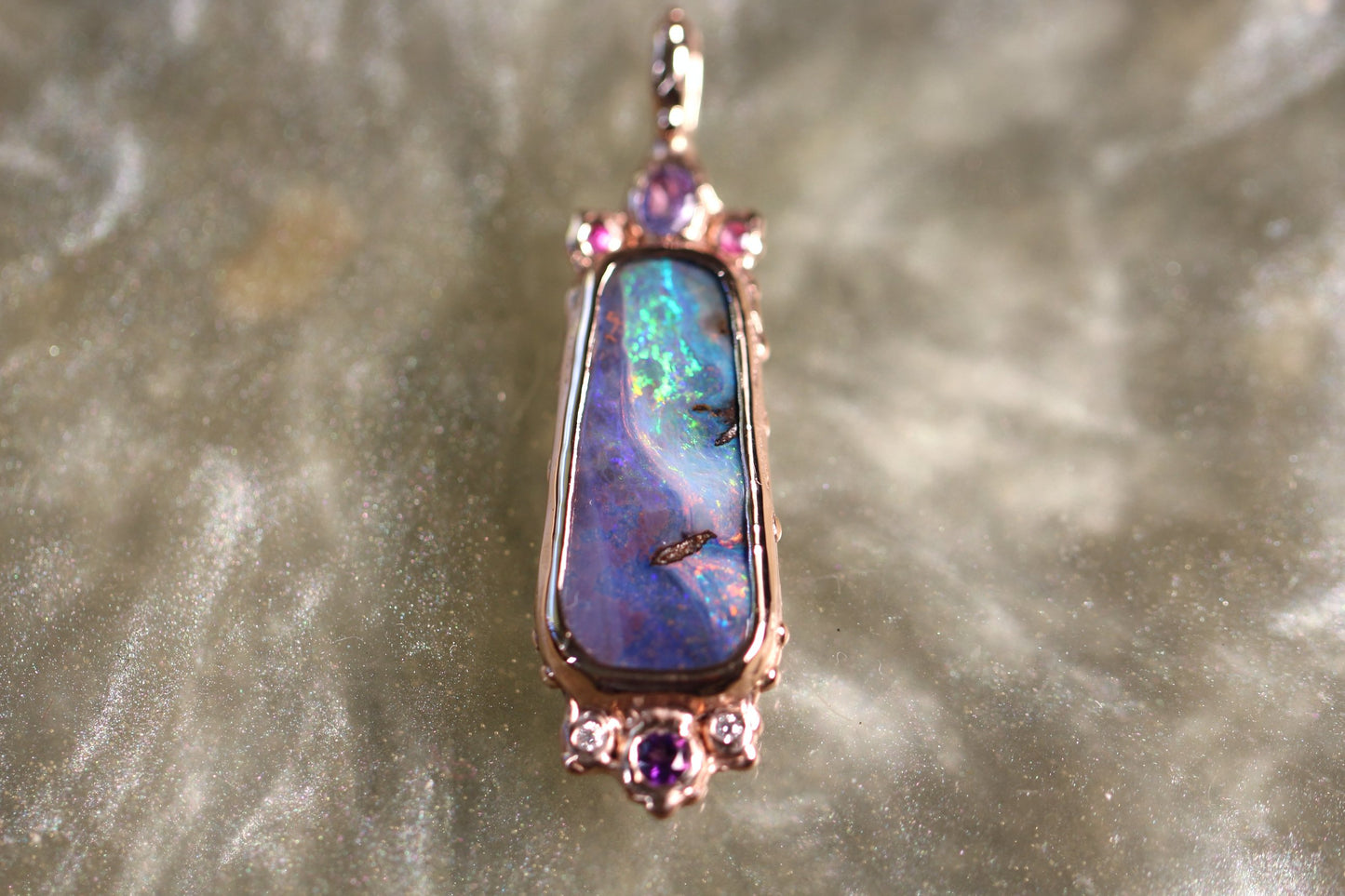 Boulder Opal, Tanzanite, Diamond, Amethyst, Ruby and Solid 9ct Rose Gold Pendant